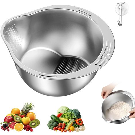 Bol de lavage à riz, passoire à pâtes 304 en acier inoxydable de qualité alimentaire, passoire à riz, bol de lavage avec crochet pour laver et égoutter les haricots, les fruits (1/5)