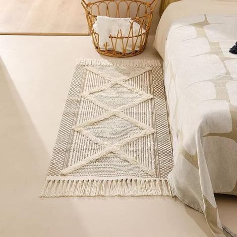 Tapis en Coton touffeté - Lavable - Rétro - Tapis de Couloir - avec Pompons - Marocain - Boho - pour Salon, Chambre à Coucher, Porte d'entrée (Marron Clair, 130 x 60 cm (Rectangulaire)) (1/4)