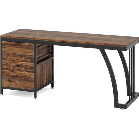 Bureau droit 150 cm avec 3 tiroirs – Cadre en métal noir – Plateau en bois brun – Pieds réglables – Rangement dossiers intégré