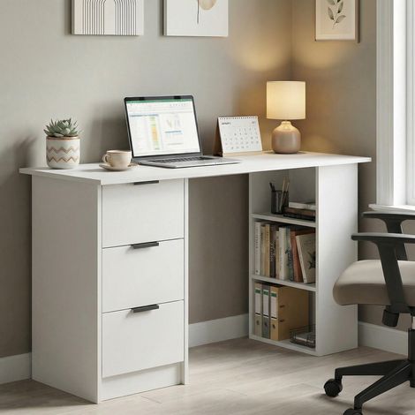 Phoenix Computer Writing Desk with 3 Drawers & 3 Shelves Home Office - White (1/5)