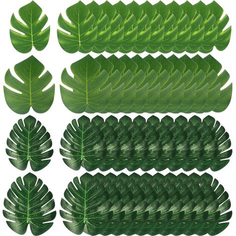 Lot de 48 Feuilles de Palmier artificielles Monstera - Feuilles Tropicales Décoration de fête - Vert - Décoration de plage, jungle - Anniversaire (deux tailles) (1/5)