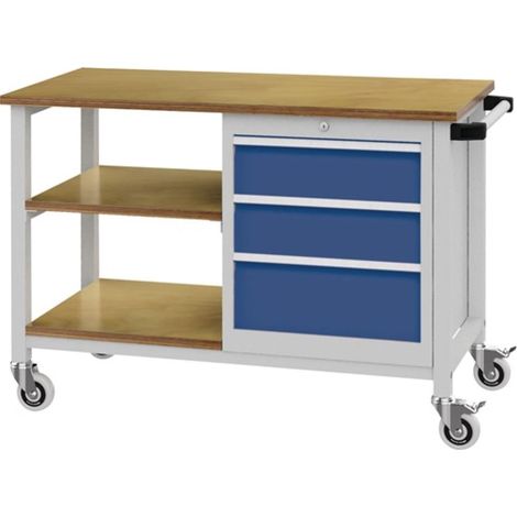 Banco da lavoro L1200xP540xH880mm multistrato faggio grigio chiaro / azzurro segnale 4 cassetti. (1/3)