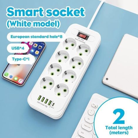 Multiprise 8 prises avec USB et Type-C 2500 W, rallonge électrique multiprise EU 2 m, 4 ports USB, boîtier PC ABS ignifuge pour bureau et maison (1/5)