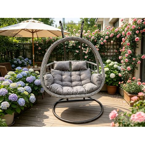 Fimous Rattan Garden 2 Person Hanging Egg Chair Indoor Outdoor Patio Furniture with Grey Cushion