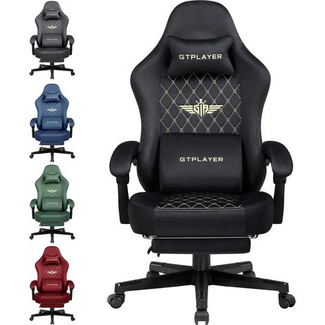 GTPLAYER Chaise Gaming Fauteuil Gaming Tissu Chaise Gamer Ergonomique Bureau Chaise PC, 150 kg, Chaise de Table RéGlable et Pivotante avec Coussin D'Assise à Ressorts et Repose-Pieds, Noir