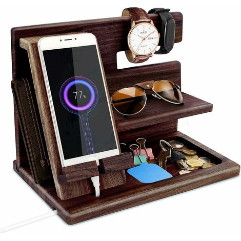 Crea – Boîte de rangement de bureau en bois – Support de montre et station de chargement – Dimensions 25,5 x 19 x 15 cm – Pour organisation optimale