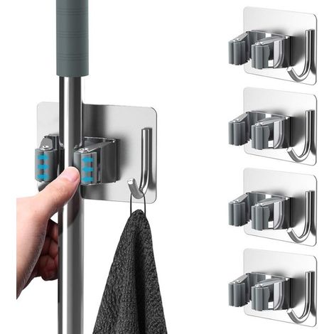 Porta scopa in 4 pezzi, porta scopa autoadesivo da parete senza foratura, porta mocio con ganci per cucina, bagno, giardino, argento (1/5)