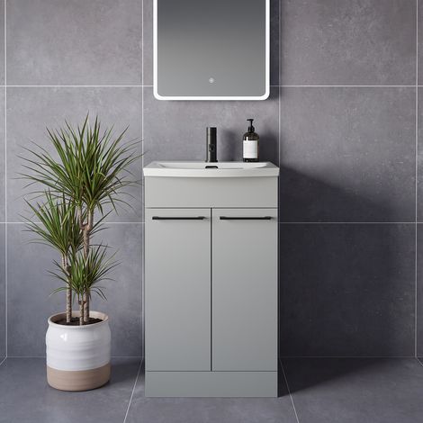 Napoli 390 Gloss Grey Pearl 500mm 2 Door Vanity Unit with Arc Basin - 500mm - Matt Black 160mm Handle