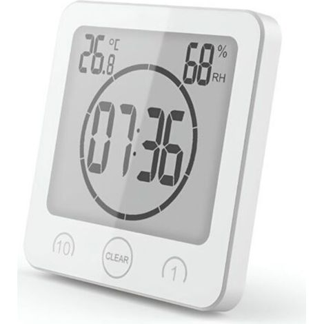 Horloge de Douche Salle de Bain, Contrôle Tactile étanche, Alarme Numérique LCD, Thermomètre Hygromètre, Minuterie de Compte à Rebours, Alimenté par Pile, pour Maquillage Cuisine (blanc)