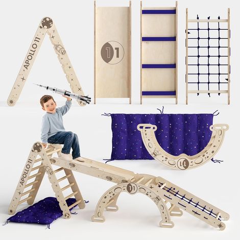 Apollo Space 5-in-1 Climbing Set for Toddlers – NASA-Inspired Montessori Wooden Gym: Pikler Triangle, Lunar Arch, Slide, Net & Star Pillow – For Little Astronauts Ages 1-5