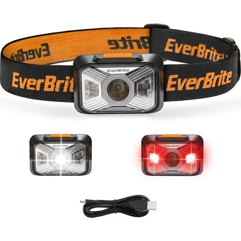 Lampe frontale rechargeable USB 200 LM – 4 modes d'éclairage blanc et rouge – Angle réglable 90° – IP44 pour extérieur – Everbrite (1/5)