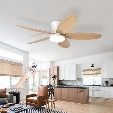 Ventilateur Plafond Avec Lumiere Silencieux, Lustre Ventilo De Plafond Avec Lampe Intégrée Réversible DC Moteur, LED Luminaire Ventilateur Plafonnier Pour Chambre Salon Cuisine-White+WoodGrain42in
