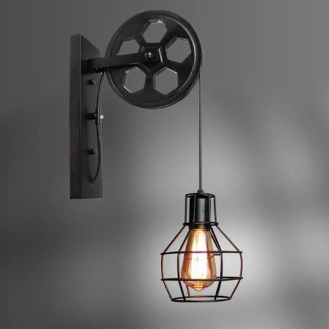 2pcs Applique Murale Rétro Industriel Lampe Poulie Cage en Métal Noir Rouge E27 (1/4)