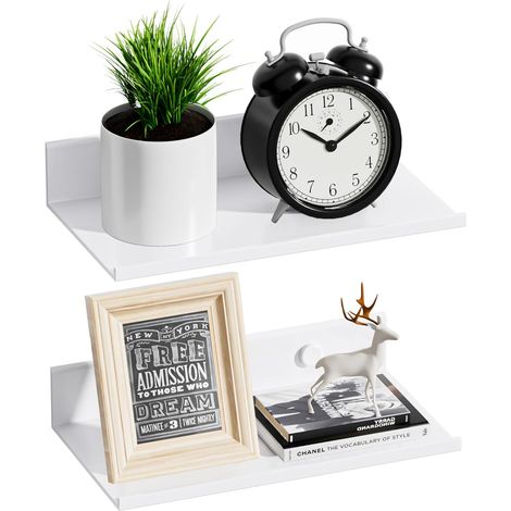 Etagere Murale sans Percage Lot De 2, Tablette Murale Blanche 20cm Métal Aluminium, Idéale Locataires, Charge 3 Kg, Moderne Décorative Étagère Pour Salon, Chambre (1/5)