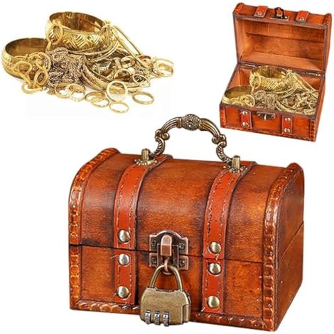 Coffre au Trésor Vintage Pirate avec Cadenas - Coffre en Bois Petit Coffre de Rangement Pirate pour Stockage Décoration, 14x10x10cm (1/5)