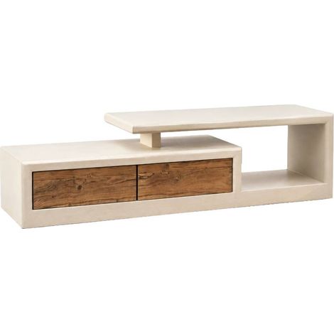 Meuble TV 2 tiroirs en bois effet béton et acacia Dalva (1/5)