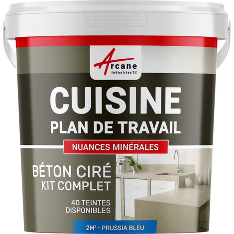 Béton ciré cuisine, plan de travail, crédence, évier sol et mur revêtement mural décoratif kit complet - 2 m² (en 2 couches) Bleu Prusse - ARCANE INDUSTRIES
