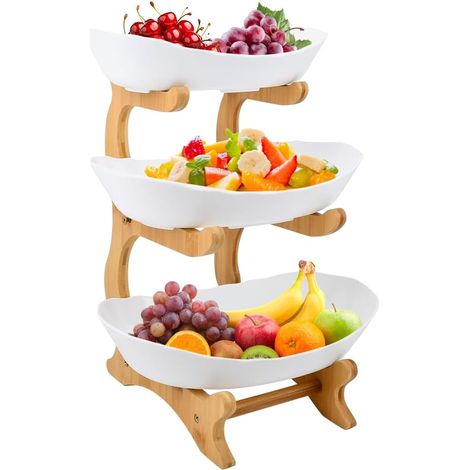 3-Tier Fruit Stand, Ceramic Fruit Basket with Sturdy Wooden Stand, Serving Trays for Cakes, Fruits, Desserts, Fruit Cup Decoration - 14 x 22.5 x 32 cm - White (1/5)