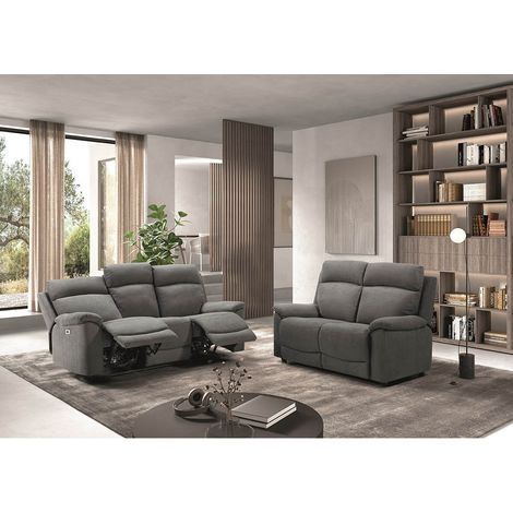 HUESCA - Ensemble 2 Canapés Fixe 2 Places et Relax Electrique Tissu Gris (1/3)