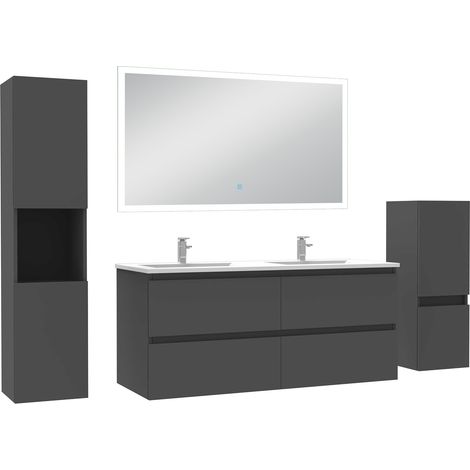 Acezanble Ensemble meuble Salle de Bain 120cm avec double vasque et colonne et miroir lumineux dimmable anthracite (1/5)
