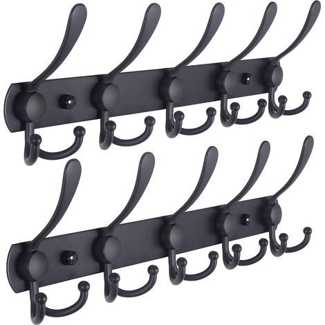 Wandgarderobe – 5 stabile Dreifachhaken, Edelstahl, Metallhakenleiste für Garderobe, Handtuchhalter, Geldbörse, Badezimmergarderobe (Schwarz, 2er-Pack) (1/5)