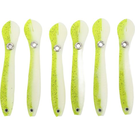 Lot de 6 leurres souples de pêche, leurres à queue oscillante pour la pêche à la loche, appâts souples de 10 cm et 6 g, bicolores. (1/5)