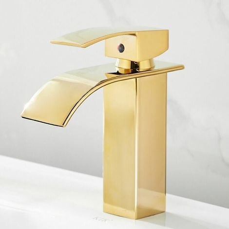 Luxuriöse Einloch-Waschtischarmatur für Warm- und Kaltwasser, goldene Wasserfallarmatur (kurz) (1/4)