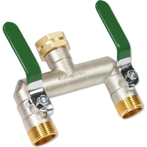 Distributeur d'eau à 2 voies - En laiton nickelé - Avec poignées d'extension vertes - Raccord hexagonal de 3/4" (1/5)