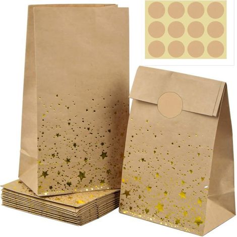12 Pcs Sacs Cadeaux, 24x13x8cm Sac Papier Kraft, Pochette Cadeau, Pochettes Fête d'anniversaire, Sachet Kraft, Pochettes Cadeaux (1/5)
