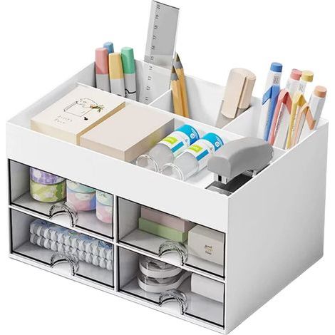 Organizador de escritorio con 4 cajones, color blanco, almacenamiento compacto y práctico para material de oficina (1/5)