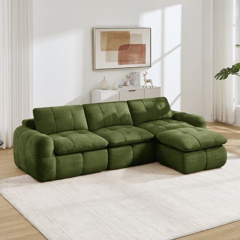 Canapé d’angle modulable 3 places en chenille verte, sans montage, avec 1 ottoman HAVRYA (1/5)