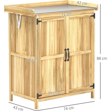 Abri de jardin, abri à outils extérieur, avec plan de travail, bois et inox, double porte, bois naturel (1/5)