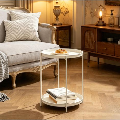 Mesa auxiliar redonda 44x44x53 cm blanco crema de metal con 2 bandejas extraíbles (1/5)