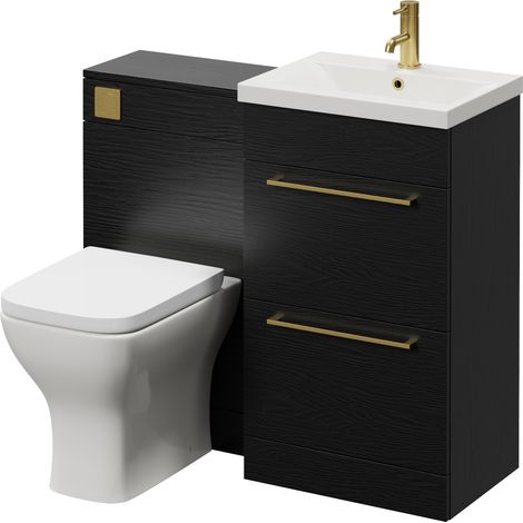 Napoli 390 Nero Oak 1000mm 2 Drawer Vanity Unit Toilet Suite with Glide Basin - 1000mm - Brushed Brass 320mm HandleWith Kingston Toilet Pan and Seat