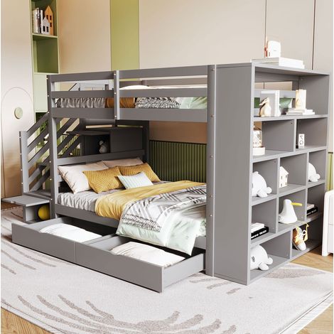 DESVIAE Lit superposé 90 x 200 cm avec escalier sécurisé à rangements tiroirs grand placard barrières hautes sommier à lattes en pin gris pour enfant et adolescent (1/5)