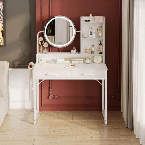 Height-Adjustable Mirror Dressing Table, 120-180cm Adjustable, LED Lights with Dimmable Brightness, Vanity Table with 2 Fabric Drawers & 4 Open Compartments