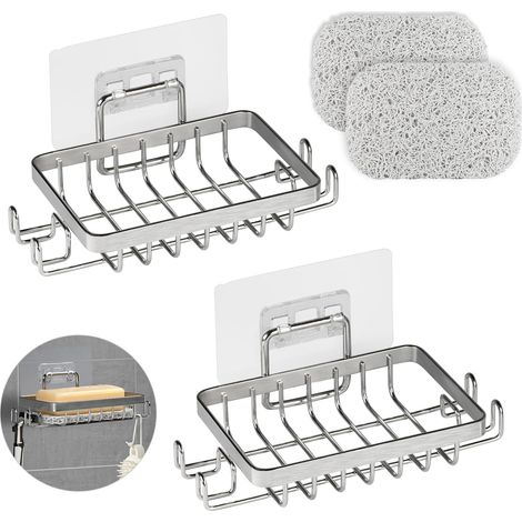 2 Pièces 304 INOX Porte Savon Douche sans Perçage, Auto-Adhésif Porte Savon Mural avec Crochets et Économiseur de Savon, Support Savon Mural pour Salle de Bain et Cuisine (Argenté) (1/5)