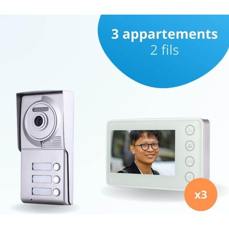 Portier interphone vidéo NEO 2 Fils - 3 appartements - 3 écrans blancs