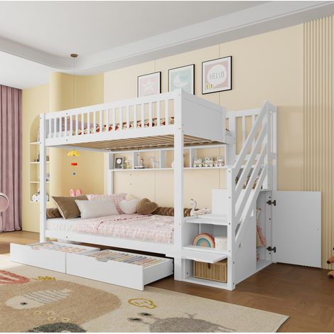 DESVIAE Lit superposé enfant avec escalier de rangement armoire intégrée tiroirs et étagères 90 x 200 cm blanc pin et mdf (1/5)