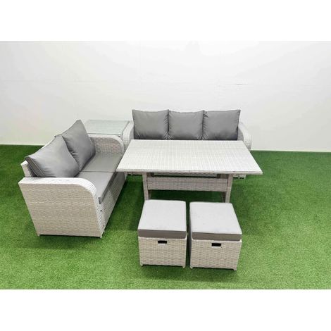 Fimous 7 Seater PE Rattan Wicker Garden Furniture Patio Conservatory Sofa Set with Rectangular Dining Table 3 Seater Sofa Love Sofa 2 Stools Side Table (1/4)