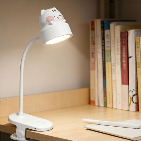 Lámpara de lectura 2 en 1 Little White Bear: Lámpara de pinza recargable, lámpara de mesilla flexible de 360° con 3 niveles de brillo, recargable por USB para estudiar y trabajar (Blanco)
