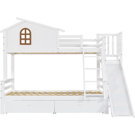 Letto a castello con scivolo, scale e cassetti, bianco, 90x200 / 120x200 (1/5)