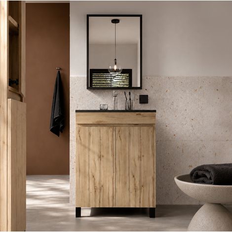 Set Mobile Bagno 50cm Finitura Rovere 2 Ante, Lavabo Nero e Specchio 50x70cm con Telaio Nero (1/5)