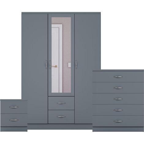 Riano 3 Piece Bedroom Set (2 Drw Bedside Chest, 5 Drw Chest, 3 Door 2 Drw Mirrored Wardrobe), Grey (1/3)