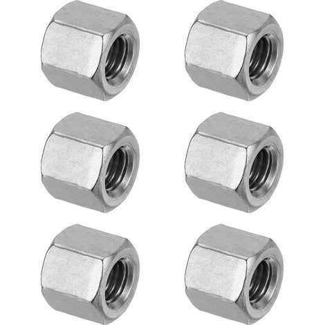 Ecrou Long M10 x 1.5 de Pas Écrou Hexagonal en Acier Inoxydable 304, 6Pcs 15mm/ 0.6" Longueur Raccords de Tige Filetés Grossiers, Écrous de Couplage, Ton Argent (1/5)