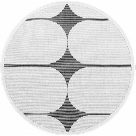 Tapis exterieur 160 x 160-rond cm, motif géométrique, blanc, noir, forme ronde idéale pour terrasse, structure plate originale, facile d'entretien