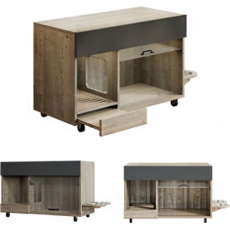 Bewegbarer Katzenkloschrank (Katzentoilettenschrank) – mit Katzenfuttertellern, Sandauffangschale, Lochplatte mit Hakenlöchern, ohne Katzenklo, 100×45,5×67 cm (antikgrau-braune Farbe, Eichenholzfarbe) (1/5)