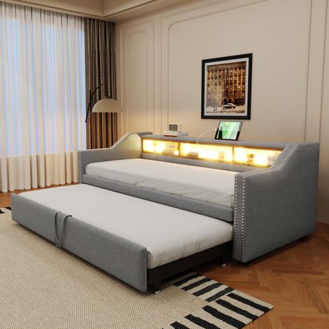 Polsterbett Ausziehbares Schlafsofa, Multifunktionales Staufach, LED-Licht und USB-Buchse, mit Lattenrost