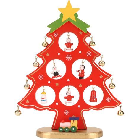 Décoration de Table d'arbre de Noël en Bois, Magnifique Mini Arbre de Noël de Bureau Unique pour Les Bureaux (Rouge) (1/5)