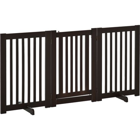 Barrière pour chien autoportante et réglable avec pieds, 155 x 76 cm, en bois, pliable, idéale pour les escaliers, les portes, la cuisine et le couloir. Composée de 3 panneaux et de couleur marron fon